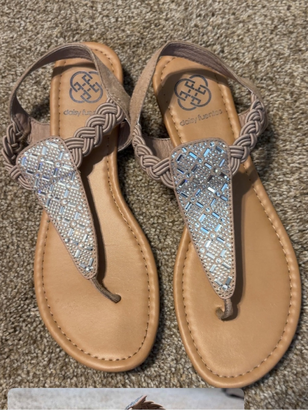 Daisy Fuentes Tan Braided T-Strap Sandals with Silver Rhinestone Accents
